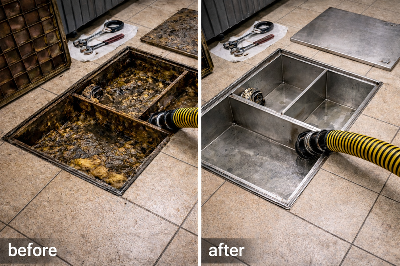 Grease trap before and after professional cleaning